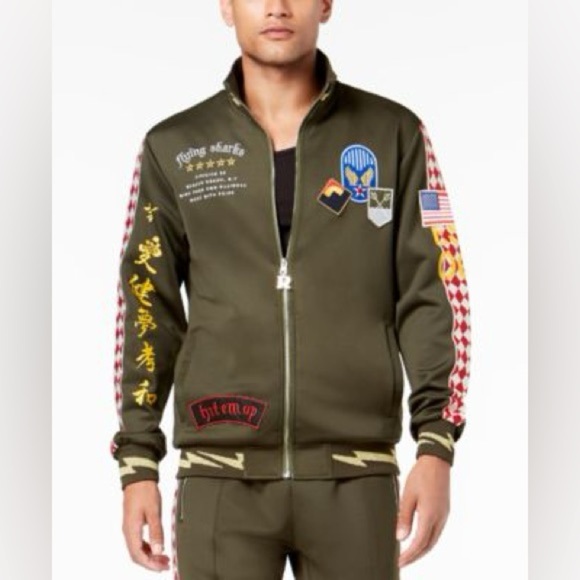 Reason Flying Sharks Allover Patchwork Olive Green Full Zipper Jacket Size S - Picture 1 of 9